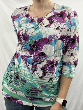 Pinc Premium Purple & Teal Floral Scoop Neck Long Sleeve Top